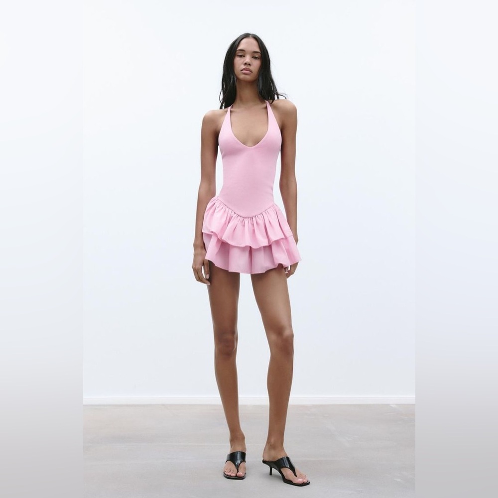Zara Pink Ruffle Skirt Mini Halter Dress